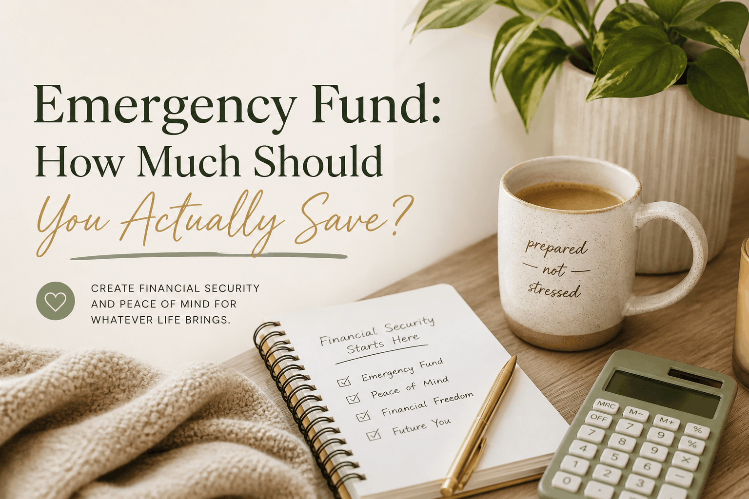 Cozy emergency fund blog cover featuring a calculator, notebook, coffee mug, and calming neutral tones with text about how much to save for financial security and peace of mind.