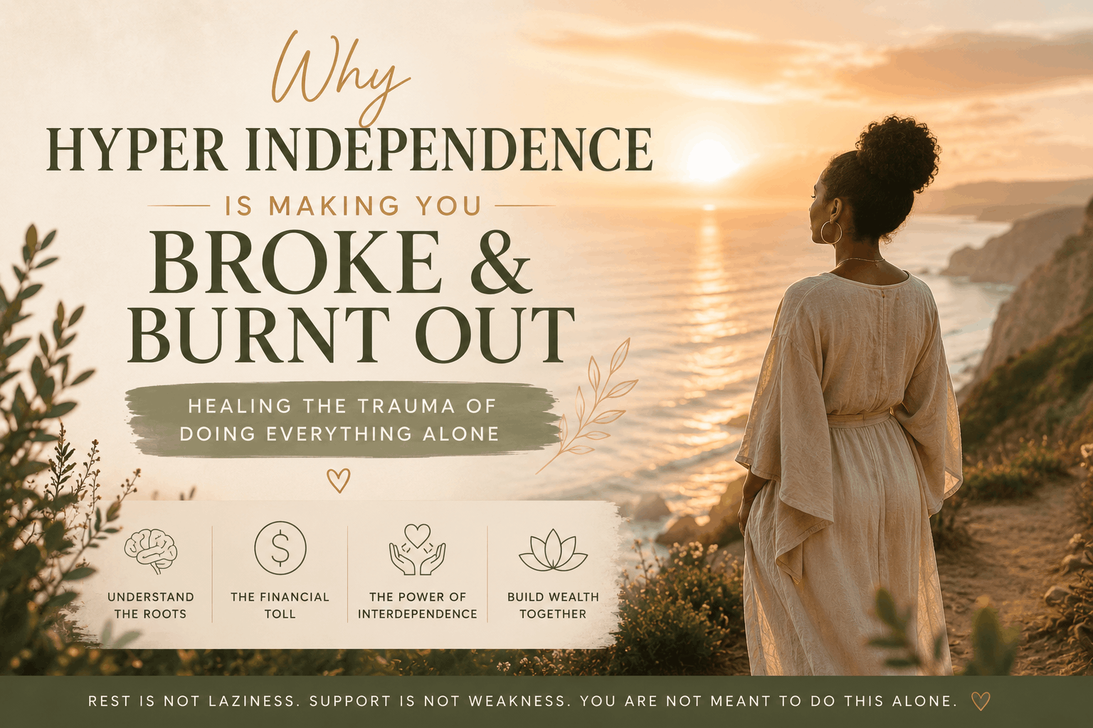 Editorial-style blog cover featuring a contemplative woman by the ocean at sunset representing hyper independence trauma, burnout, emotional healing, and holistic wealth.