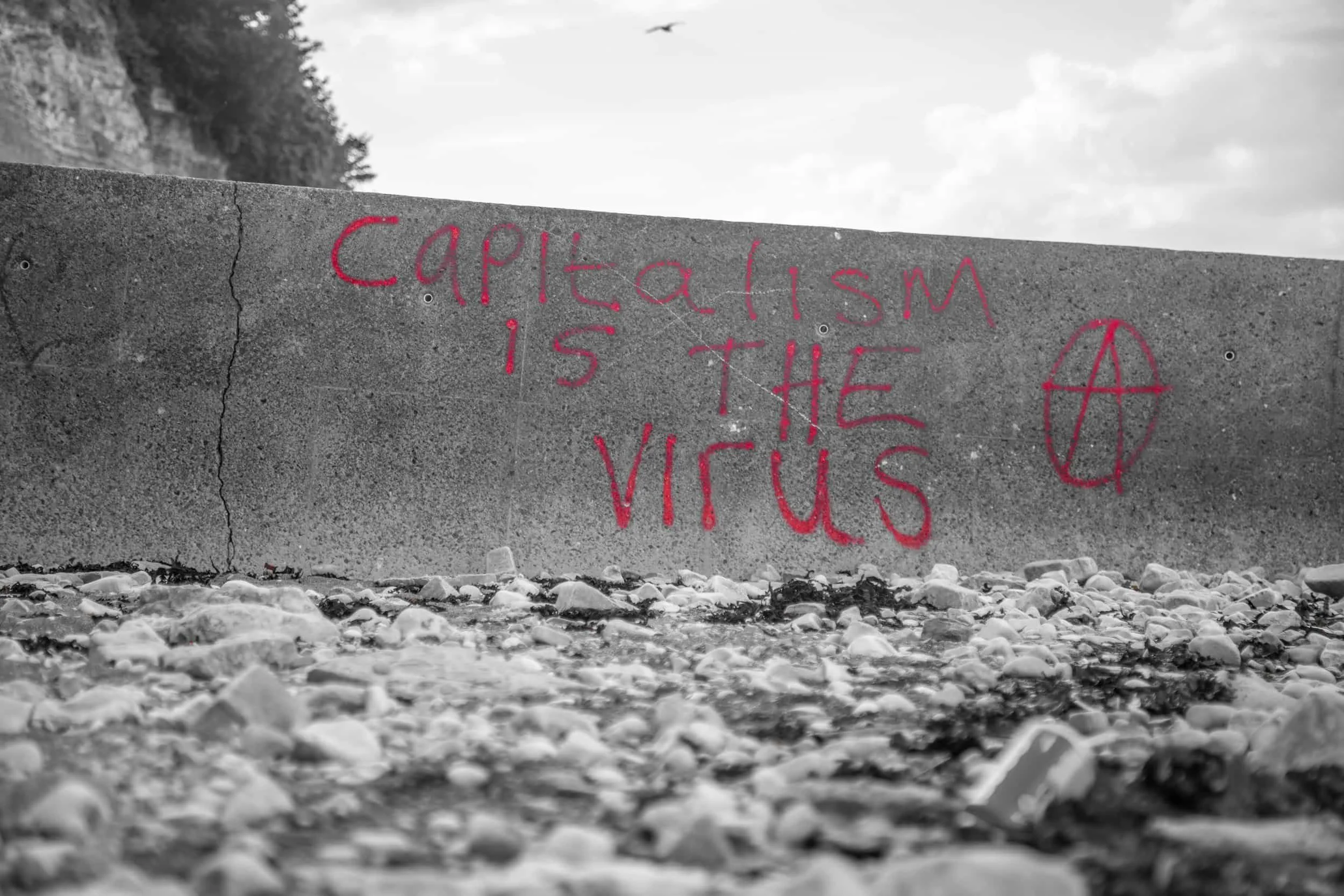 graffiti on wall saying capitalism is the virus in red with letter A wrapped in circle