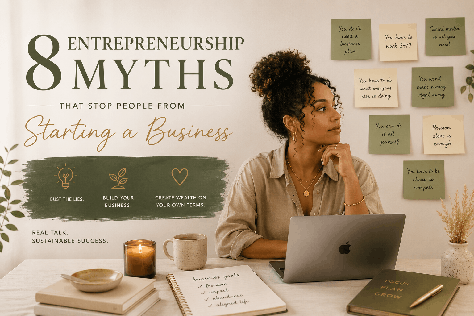 Editorial-style blog cover featuring a thoughtful entrepreneur workspace representing entrepreneurship myths, hustle culture, burnout, and sustainable business growth.