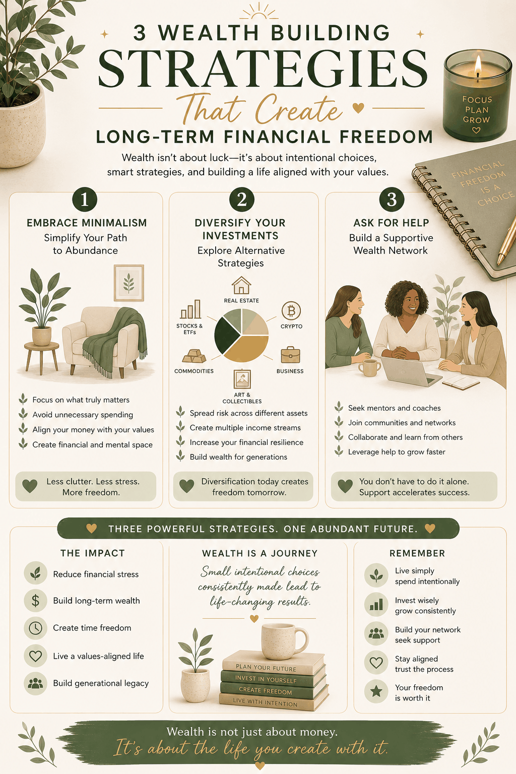 Infographic explaining three wealth building strategies including minimalism, diversified investing, and building supportive financial communities for long-term financial freedom.