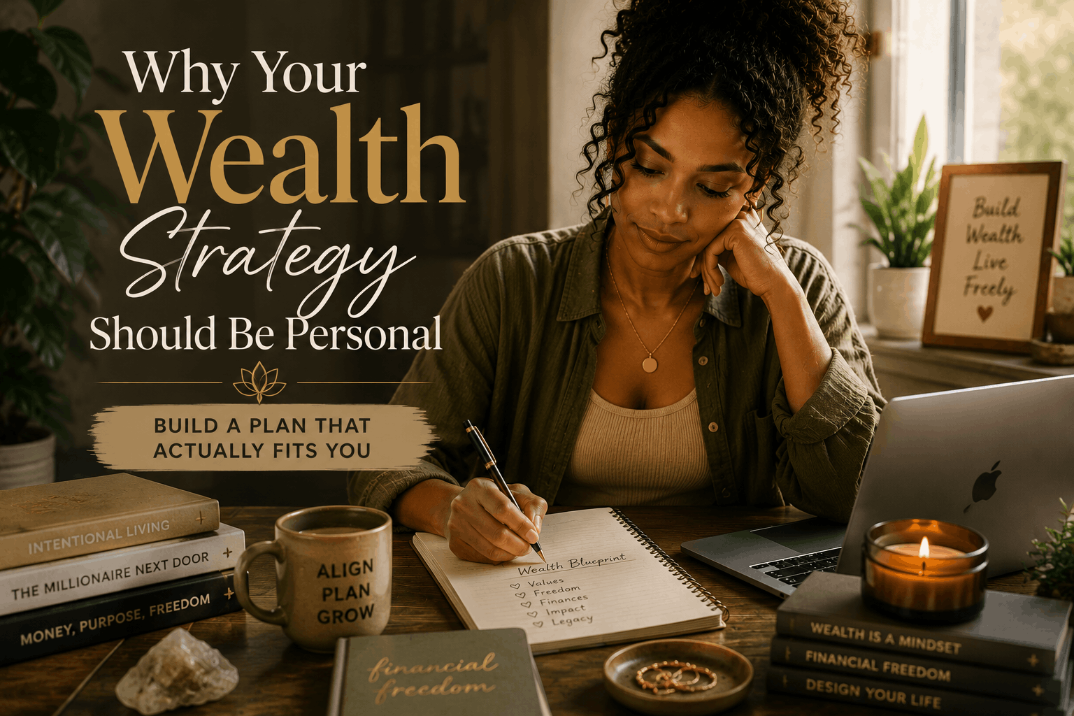Black woman journaling at a cozy earthy-toned desk while planning a personalized wealth strategy and intentional financial future.
