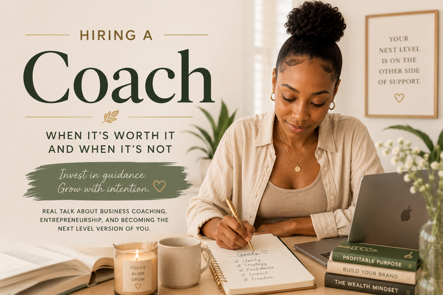 Editorial-style blog cover featuring a thoughtful Black woman working at a cozy neutral-toned desk representing hiring a coach, entrepreneurship growth, business coaching benefits, and personal development.