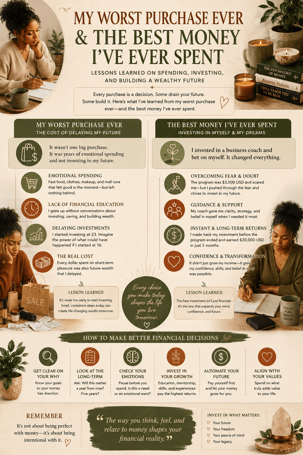 Earth-toned infographic comparing emotional spending habits with intentional investments and long-term financial growth lessons.