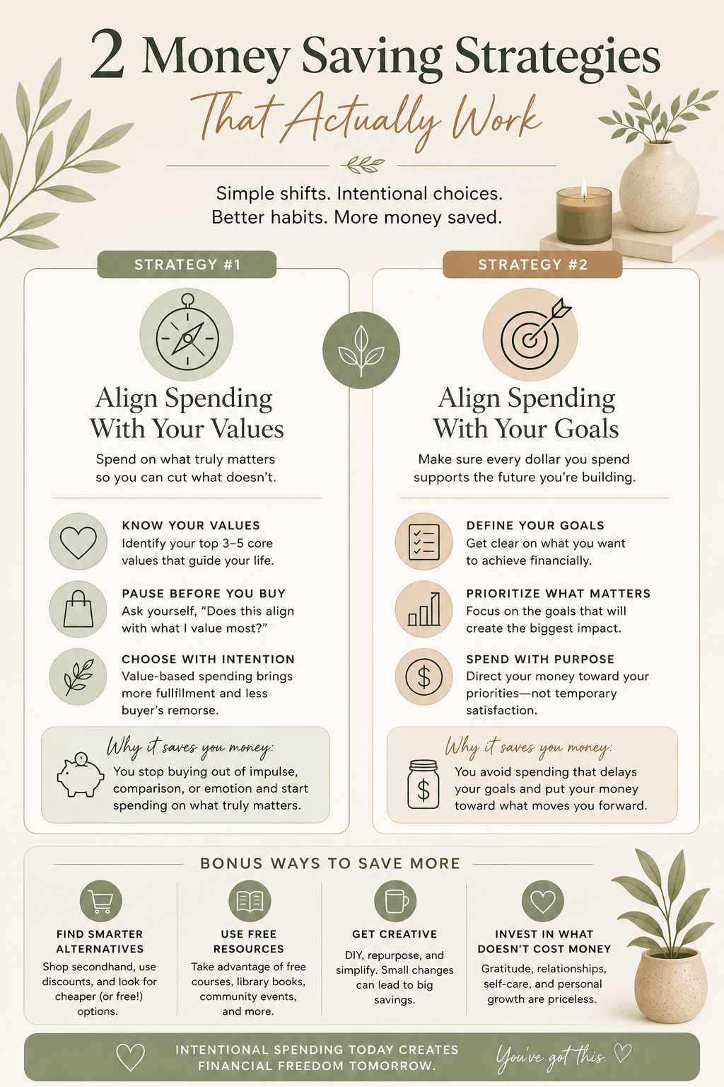Infographic explaining two money saving strategies focused on aligning spending with your values and goals to improve financial wellbeing and intentional spending habits.