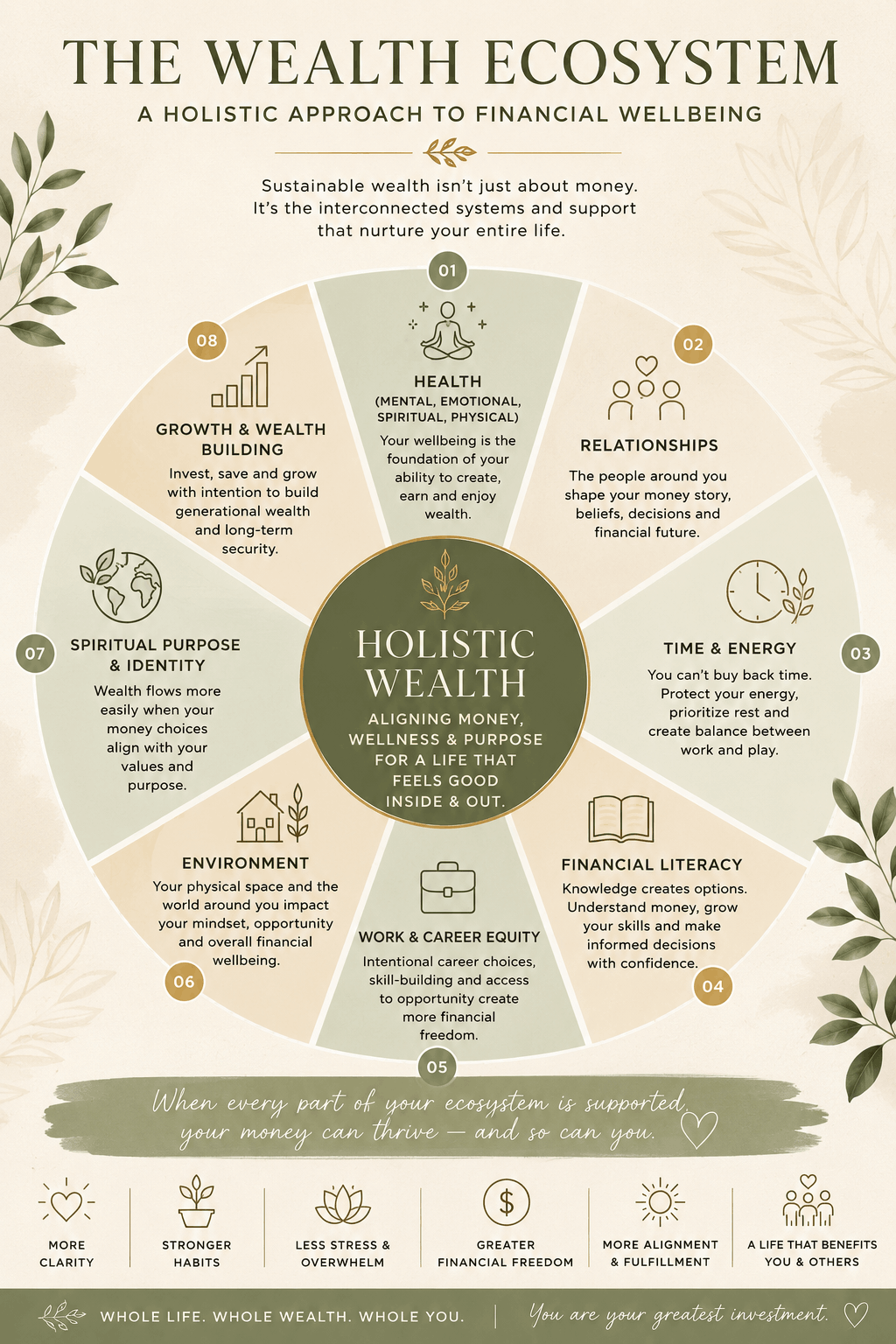 Infographic illustrating the pillars of holistic wealth including health, relationships, financial literacy, spirituality, environment, and aligned money management within a wealth ecosystem framework.