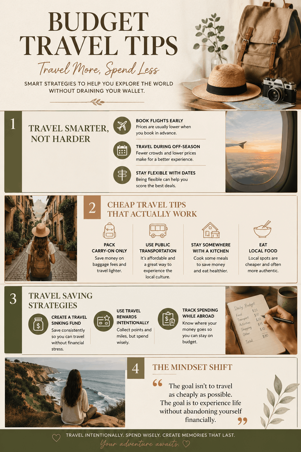 Earth-toned infographic featuring budget travel tips, cheap travel strategies, and intentional ways to travel on a budget while protecting long-term financial wellness.