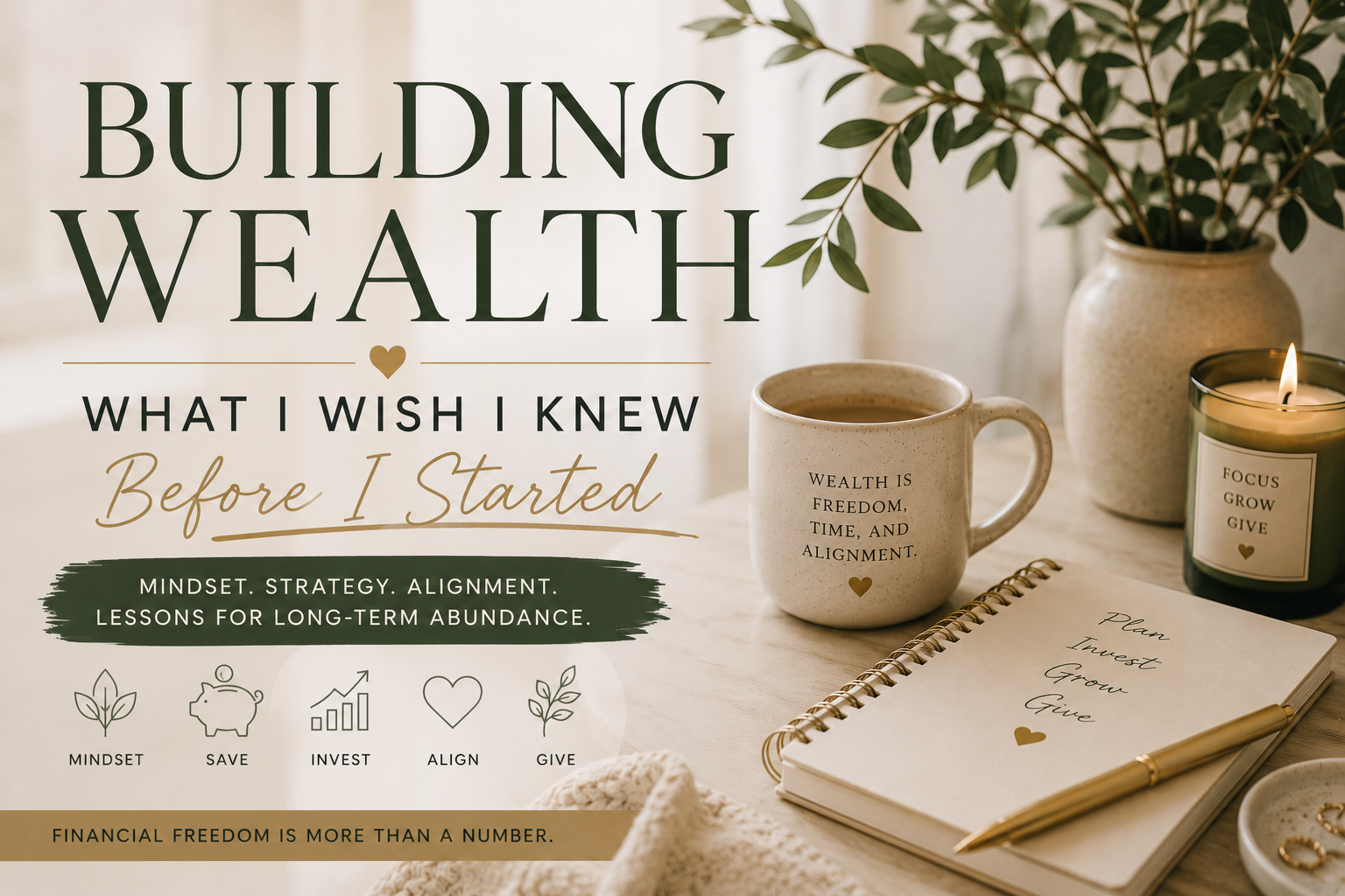 Warm neutral-toned financial wellness workspace with coffee, candle, journal, greenery, and minimalist wealth aesthetic representing building wealth, financial freedom, investing, and intentional abundance.