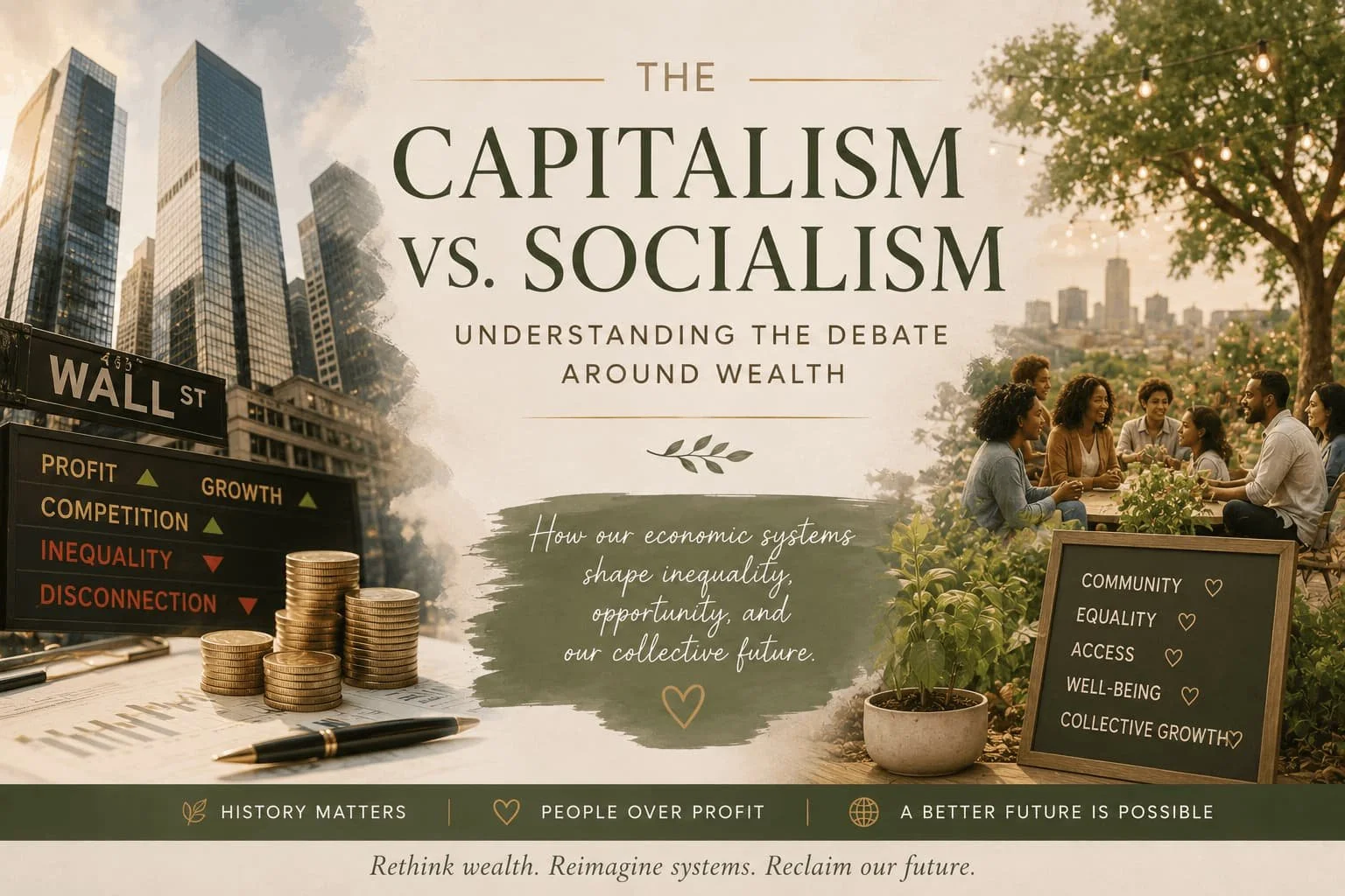 Editorial-style blog cover illustrating the capitalism vs socialism debate with themes of inequality, collective wellbeing, modern economic systems, and holistic wealth.