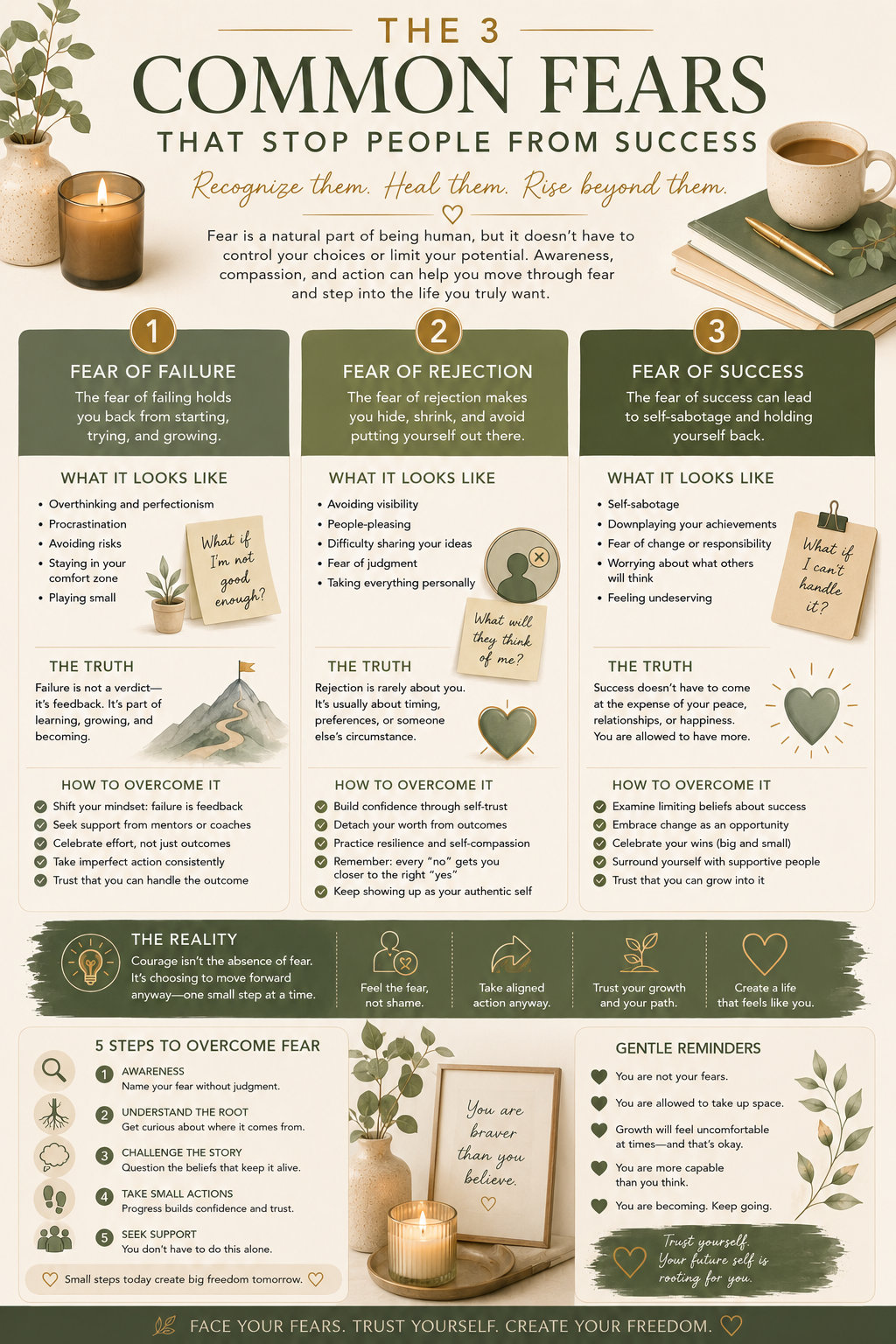Infographic explaining common fears including fear of failure, fear of rejection, fear of success, and gentle ways to overcome fear and build confidence.
