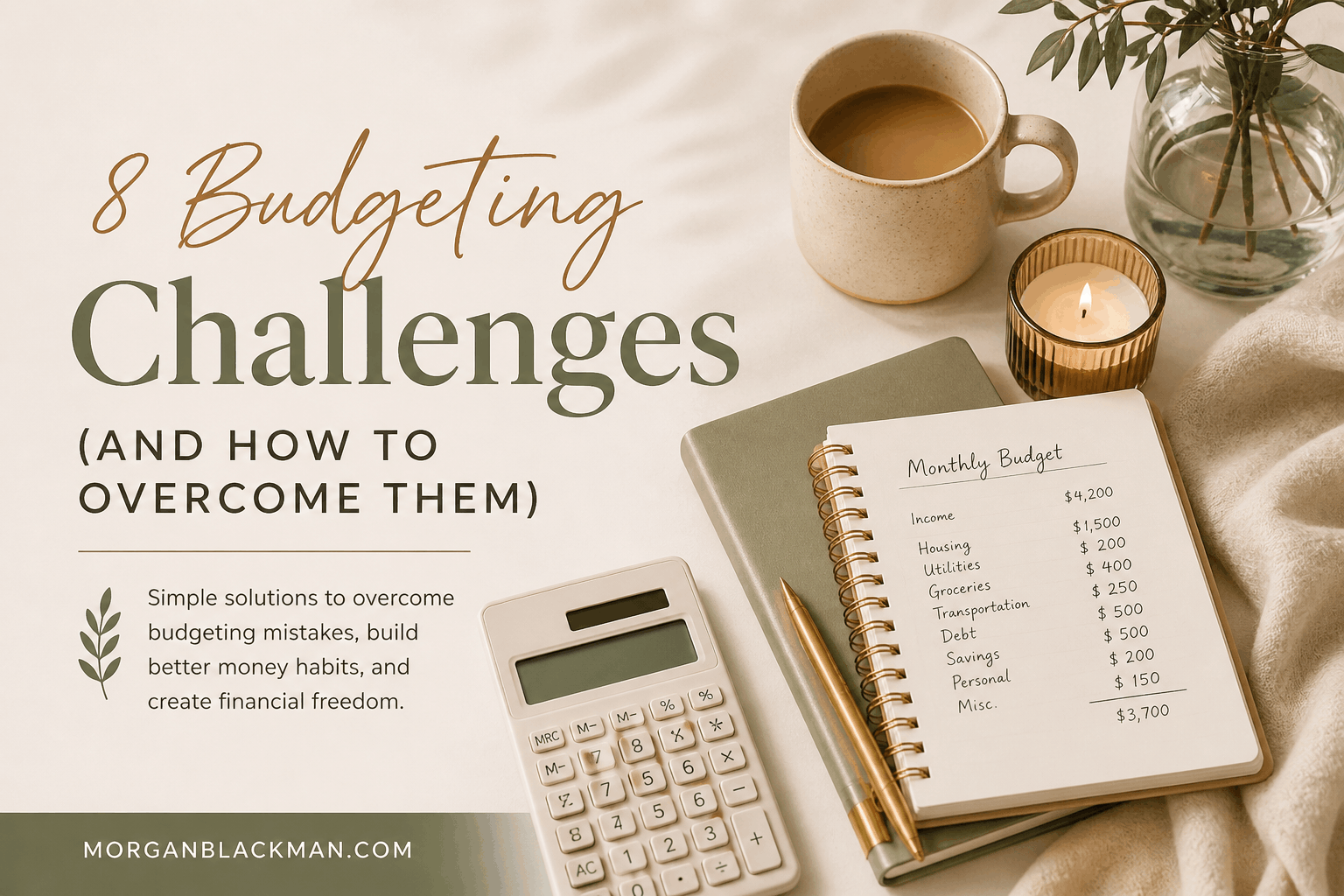 Minimal neutral-toned budgeting workspace with planner, calculator, coffee, and financial notes representing budgeting challenges, budgeting mistakes, and financial wellness.