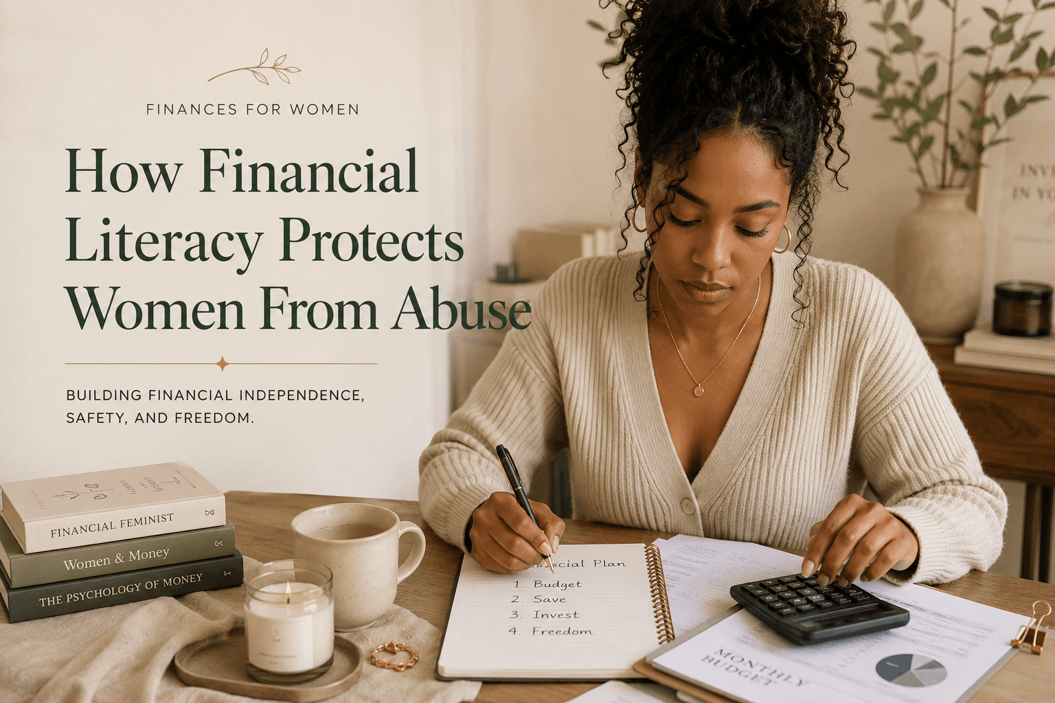 Editorial-style blog cover featuring woman budgeting and reviewing finances in calming neutral-toned home environment representing finances for women and women financial independence.
