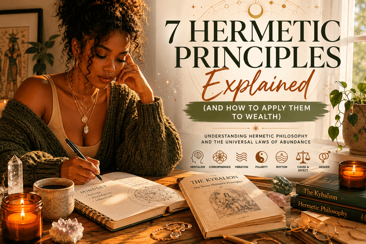 Black woman journaling beside candles and spiritual books in an earthy-toned room representing the 7 Hermetic Principles and financial wellness.