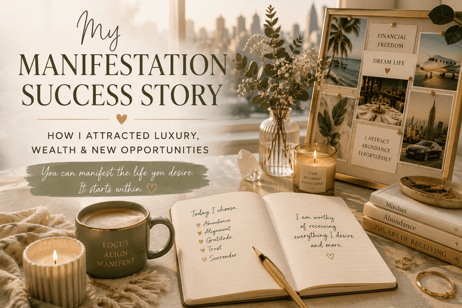 Luxury-inspired editorial blog cover featuring manifestation journal, affirmations, coffee, and calming neutral tones representing a manifestation success story and abundance mindset.