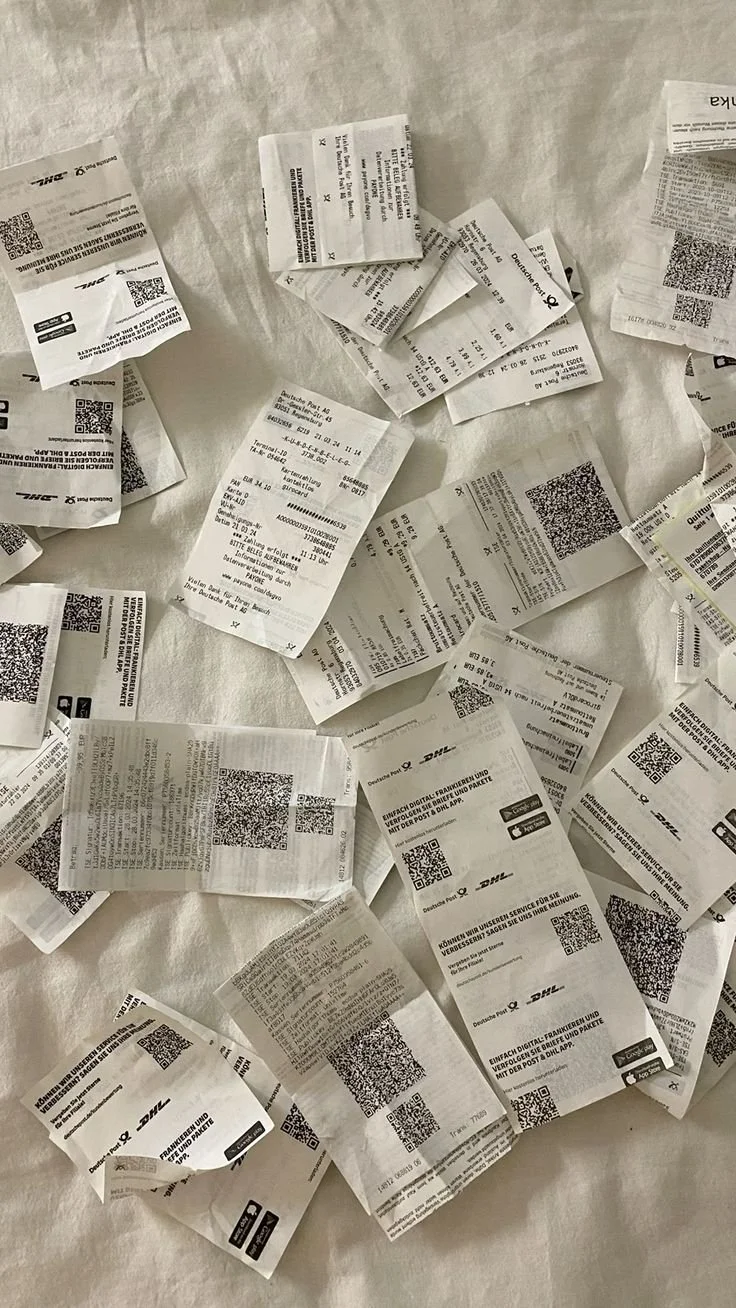 a bunch of paper receipts laid out on white linen cloth