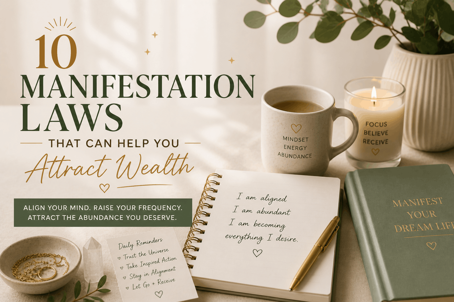Manifestation laws blog cover featuring affirmations, candles, journaling, and calming neutral decor focused on abundance mindset, wealth manifestation, and energetic alignment.