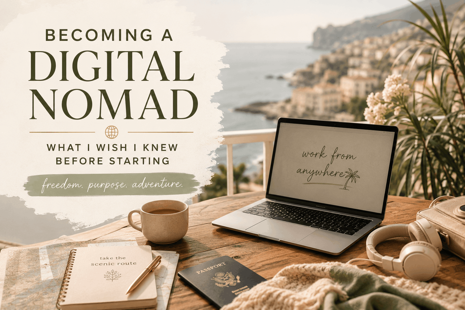 Editorial-style blog cover featuring remote work travel essentials, laptop, passport, coffee, and calming neutral tones representing becoming a digital nomad and building a flexible remote work lifestyle.