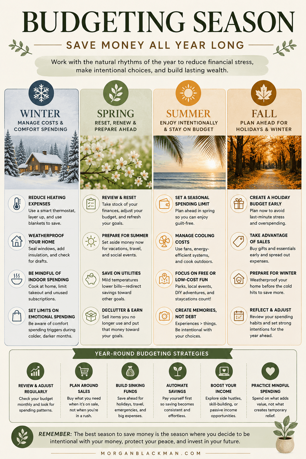 Earth-toned infographic explaining budgeting season, seasonal budgeting strategies, and practical ways to save money throughout the year.