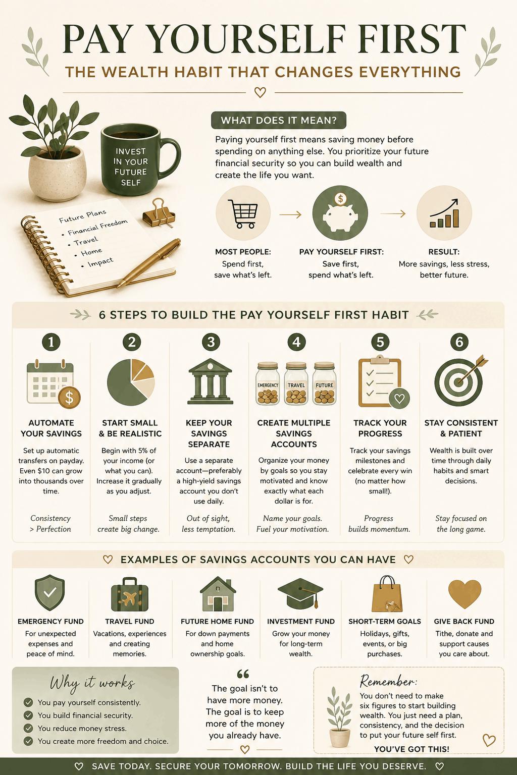 Infographic explaining the pay yourself first savings strategy with automated savings habits, multiple savings accounts, emergency funds, and long-term wealth building tips.