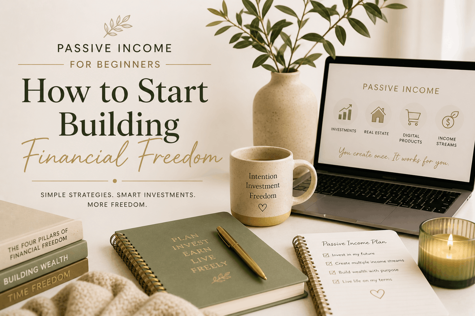 Minimal neutral-toned workspace with laptop, notebook, coffee mug, and financial planning tools representing passive income for beginners and long-term financial freedom.