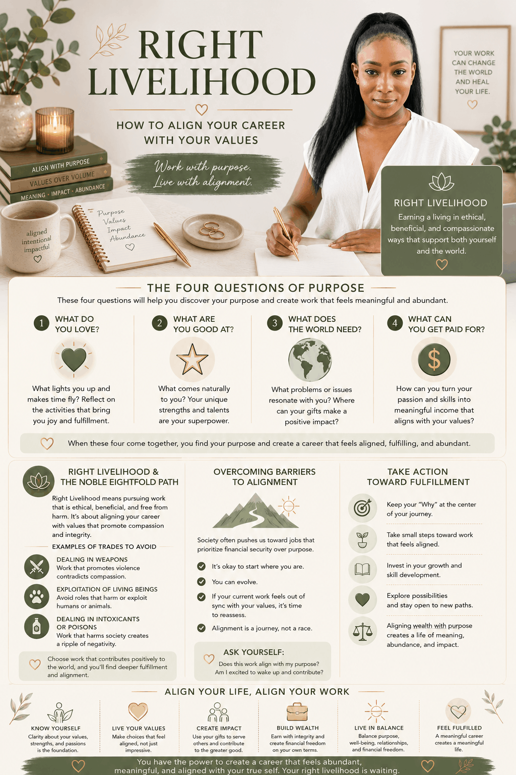 Infographic explaining right livelihood meaning, purpose driven careers, aligning work with your values, and how to create meaningful and sustainable work.