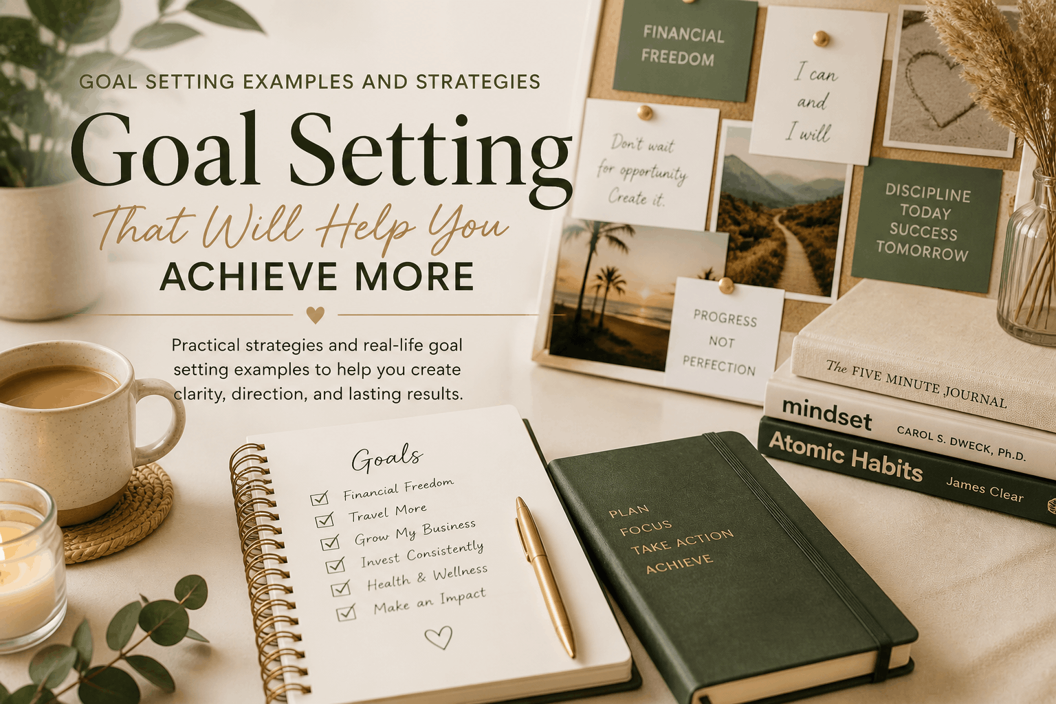 Neutral-toned goal setting workspace with planner, vision board, coffee, journal, and financial planning notes representing goal setting strategies and financial goal planning.