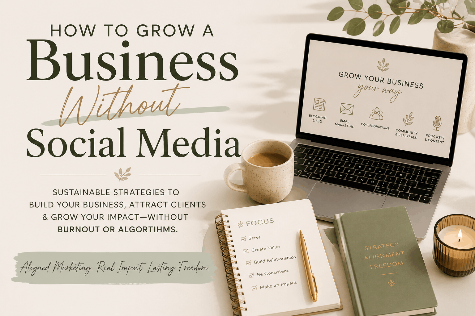 Minimal neutral-toned entrepreneur workspace with laptop, notebook, coffee, and SEO planning tools representing how to grow your business without social media.