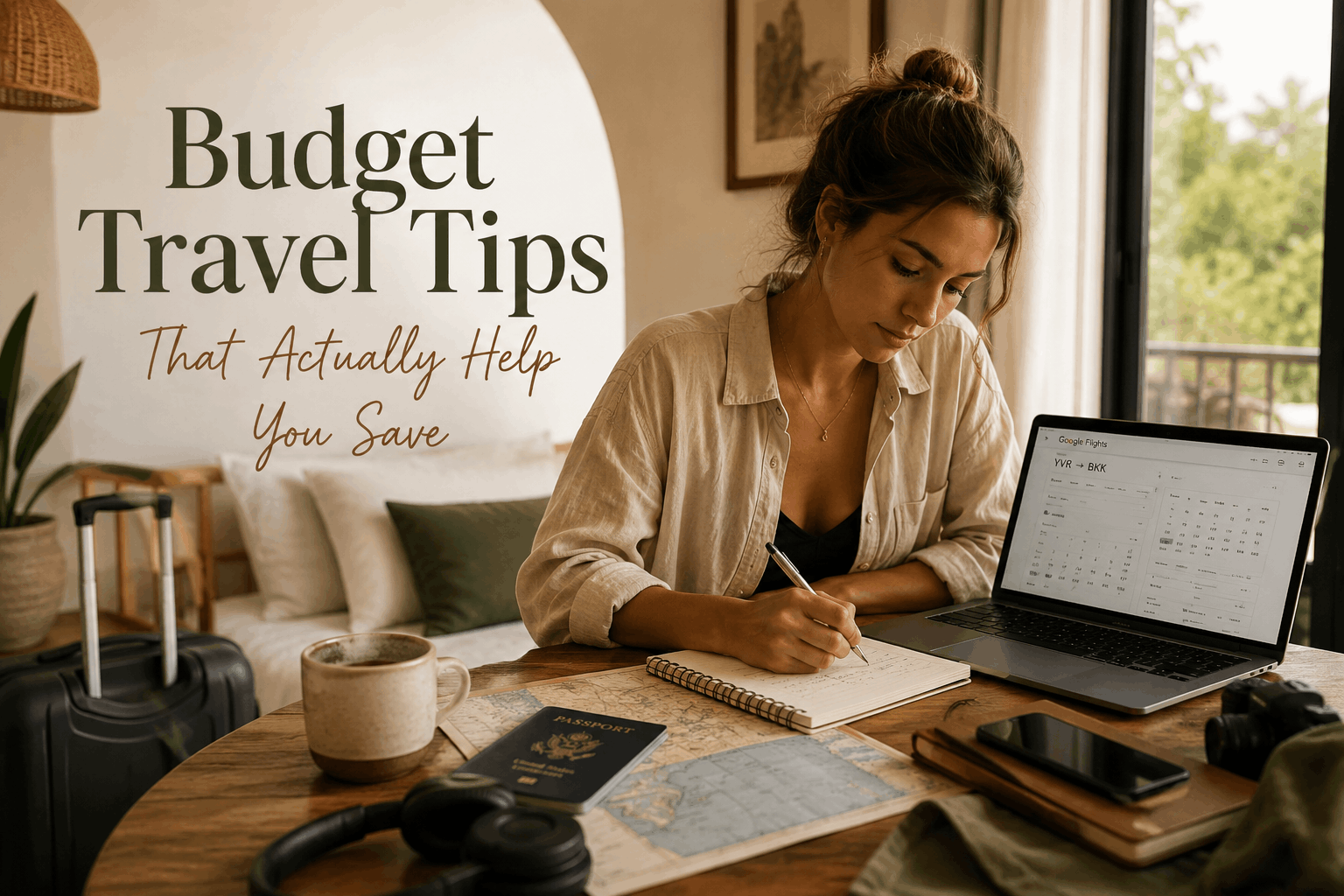 Woman planning a budget-friendly trip in a cozy Airbnb with a laptop, passport, notebook, and coffee beside her in a warm earthy-toned space.