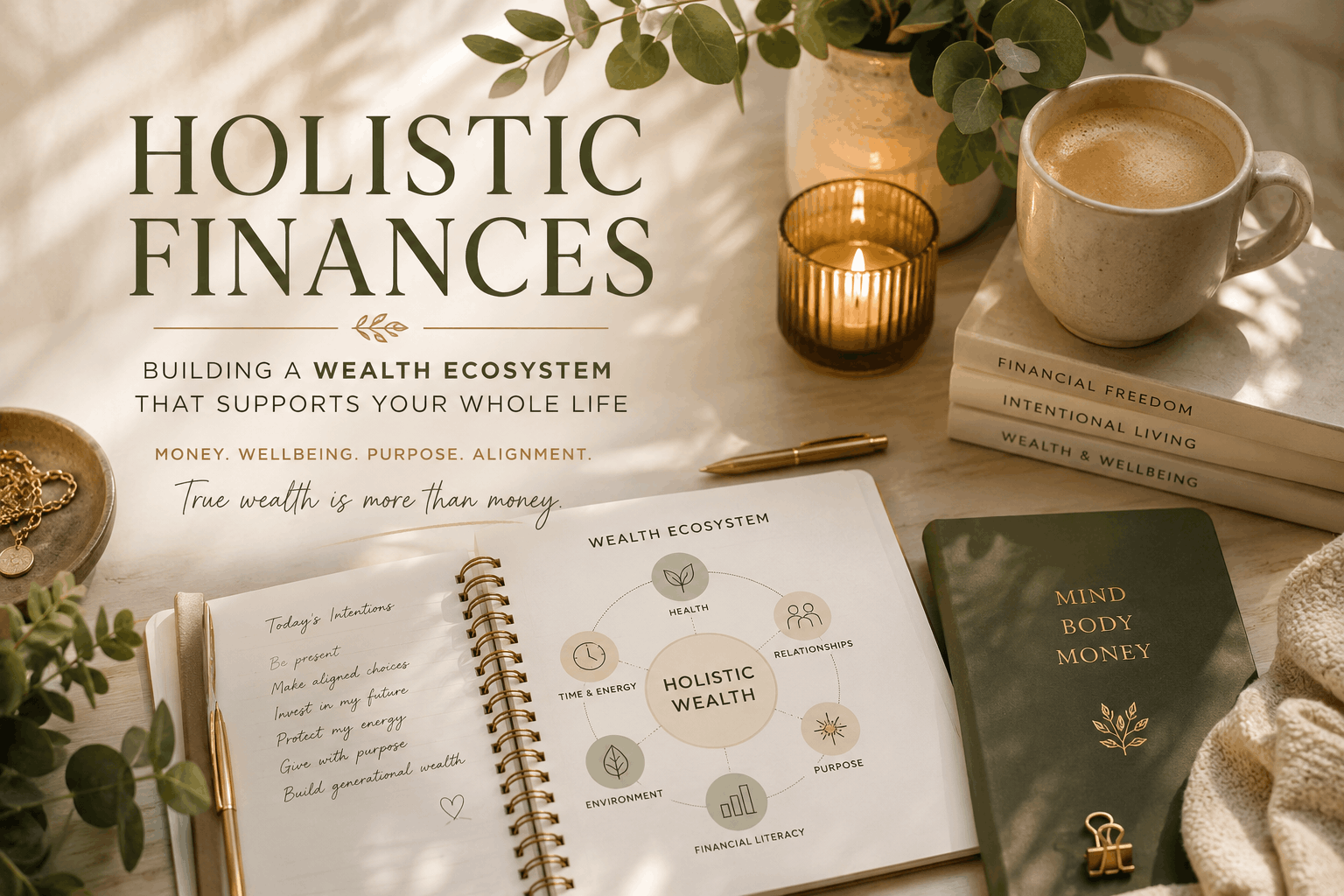 Editorial-style blog cover featuring calming workspace, journal, coffee, and wellness-inspired financial planning tools representing holistic finances and building a sustainable wealth ecosystem.