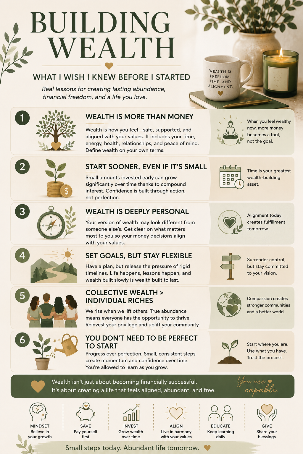Infographic sharing key lessons on building wealth including investing early, financial mindset, aligned wealth creation, long-term investing, community wealth, and financial freedom in a calming neutral-toned design.