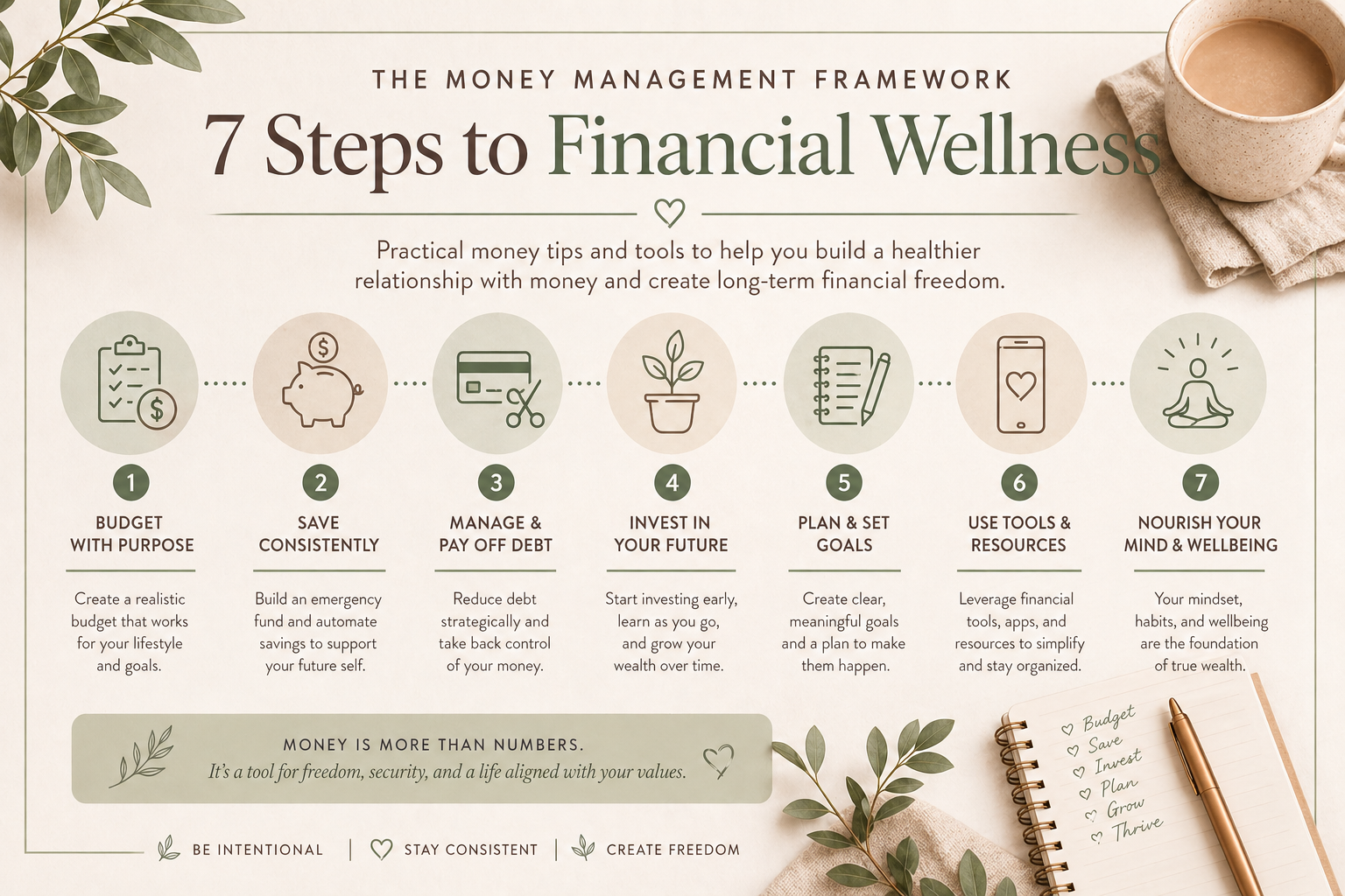 Financial wellness infographic showing seven steps to money management including budgeting, saving, debt repayment, investing, financial planning, and emotional wellbeing