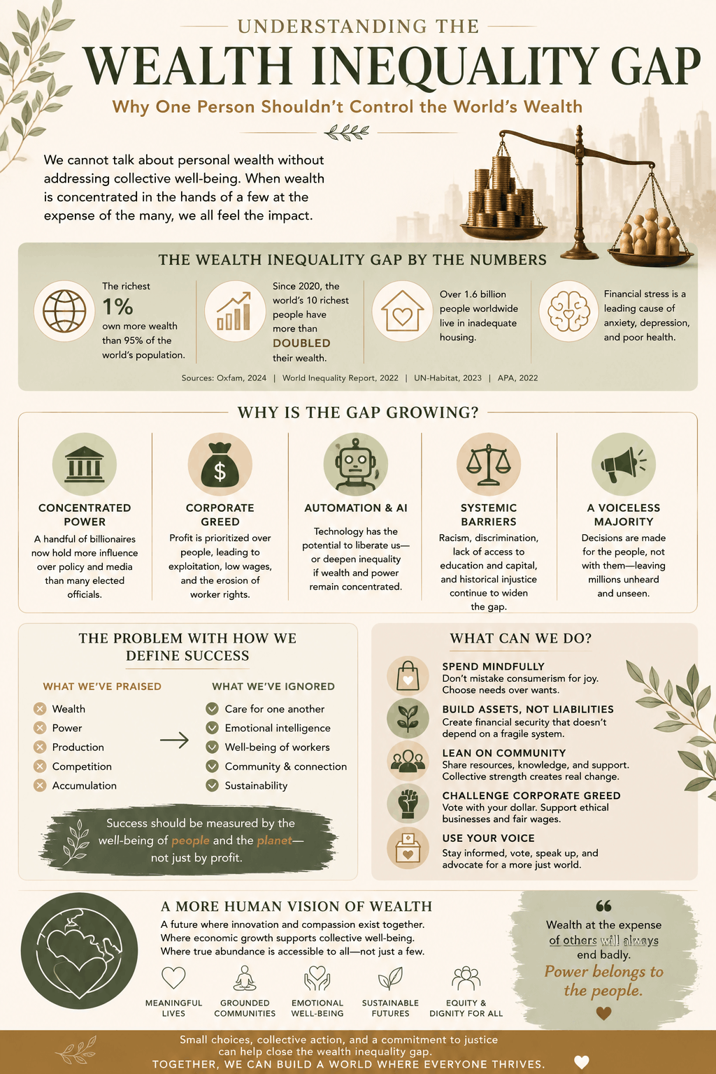 Infographic explaining the wealth inequality gap, systemic inequality, corporate greed, capitalism, and collective wellbeing through statistics, wealth imbalance visuals, and community-centered solutions in a neutral-toned design.