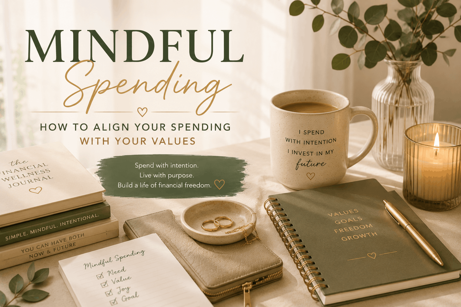 Editorial-style blog cover featuring a calming workspace with journal and coffee representing mindful spending, intentional spending, and healthy financial habits.
