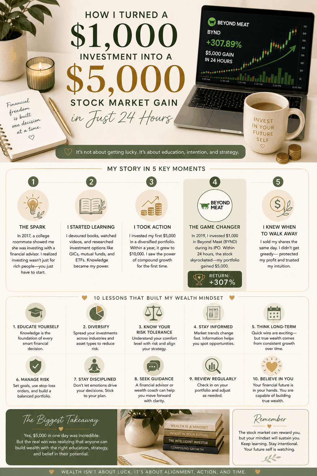 Infographic explaining a $5,000 stock market gain, trading strategies, investing lessons, winning stock insights, and long-term wealth-building principles.