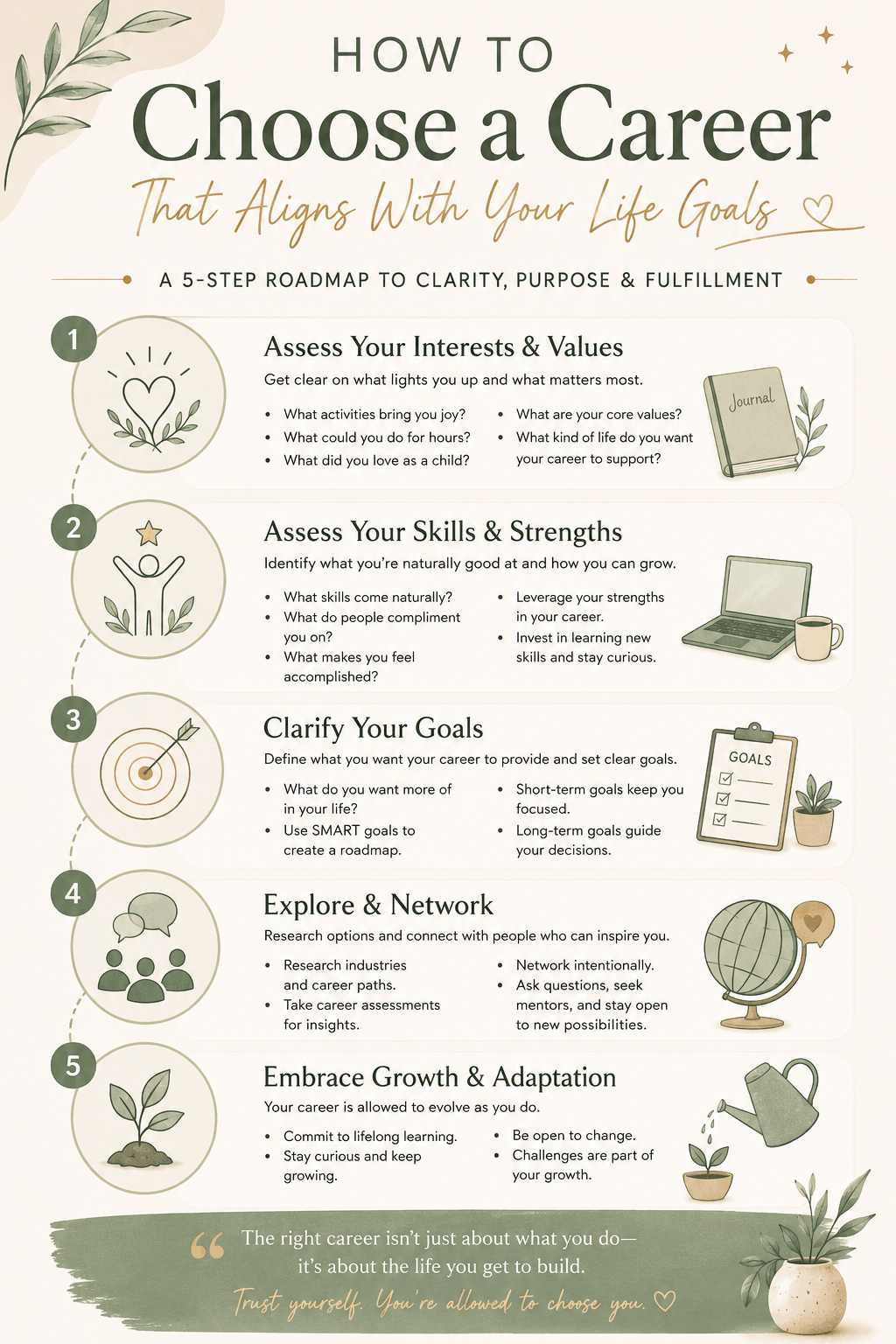 Infographic showing a step-by-step roadmap for how to choose a career aligned with your strengths, values, goals, and personal growth