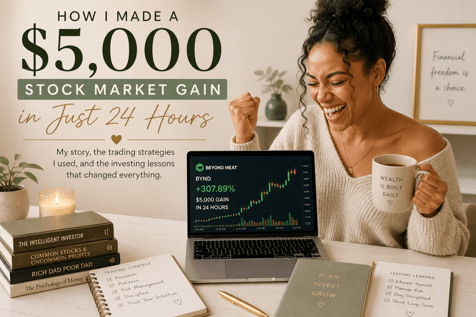 Neutral-toned investing workspace with laptop showing stock market gains, coffee mug, trading journal, and wealth-building aesthetic representing stock market trading profits and investing success.
