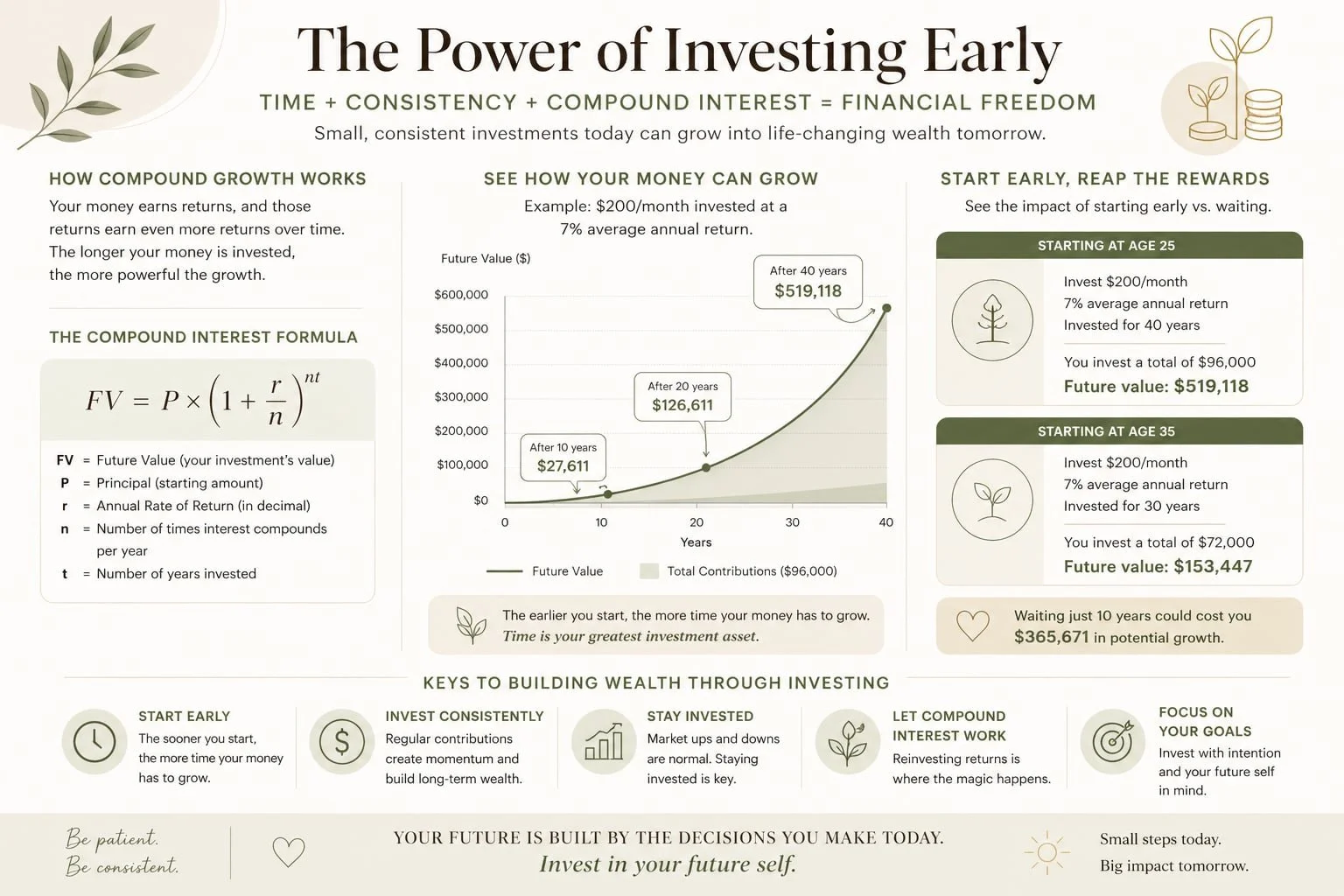 An infographic in soft earthy toned colors showing the power of investing early with graphs and formulas
