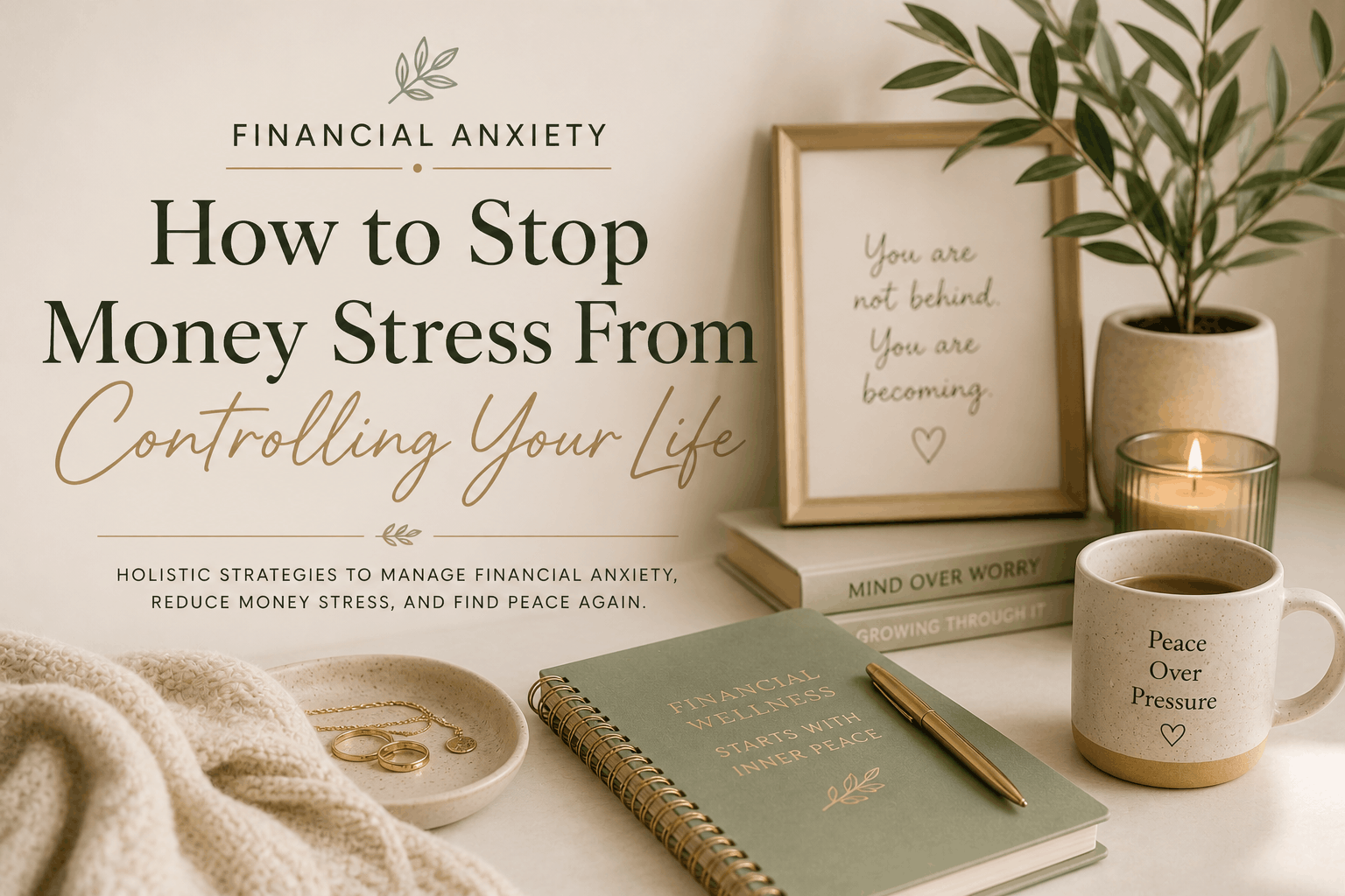 Calming neutral-toned workspace with journal, candle, tea, and financial wellness notebook representing financial anxiety, money stress, and emotional healing around money.