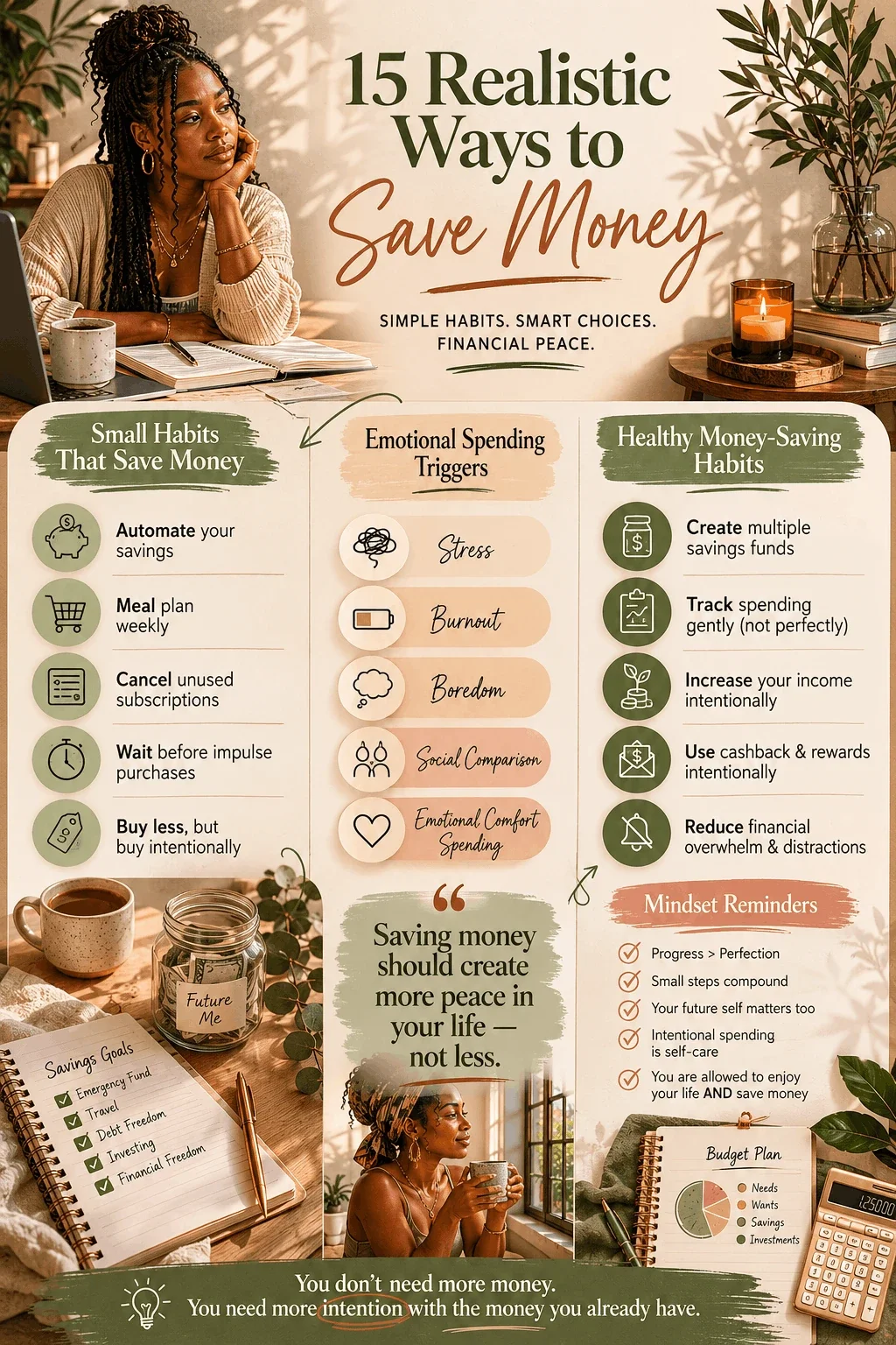 Savings guide covering automatic transfers, meal planning, unused subscriptions, impulse purchases, and emotional spending triggers.