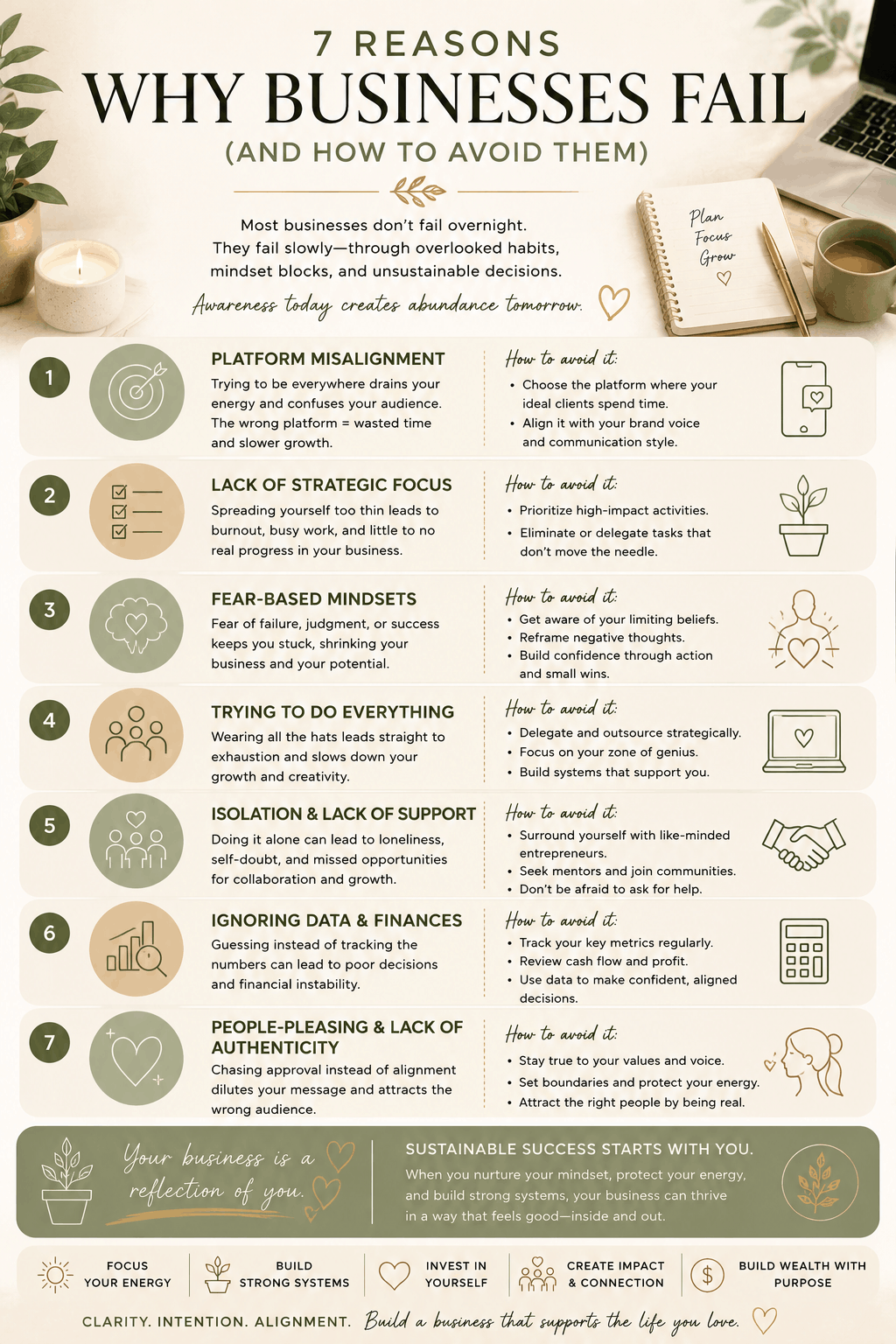 Infographic illustrating the most common reasons why businesses fail including burnout, fear, poor business strategy, lack of focus, and emotional overwhelm in entrepreneurship.