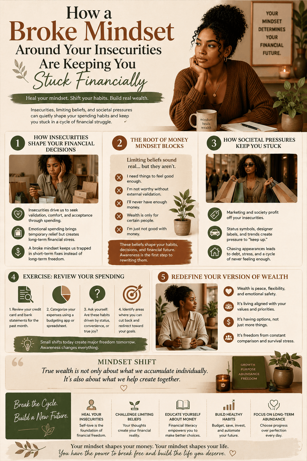 Earth-toned infographic explaining broke mindset, money mindset blocks, emotional spending habits, and how insecurities affect financial wellbeing.