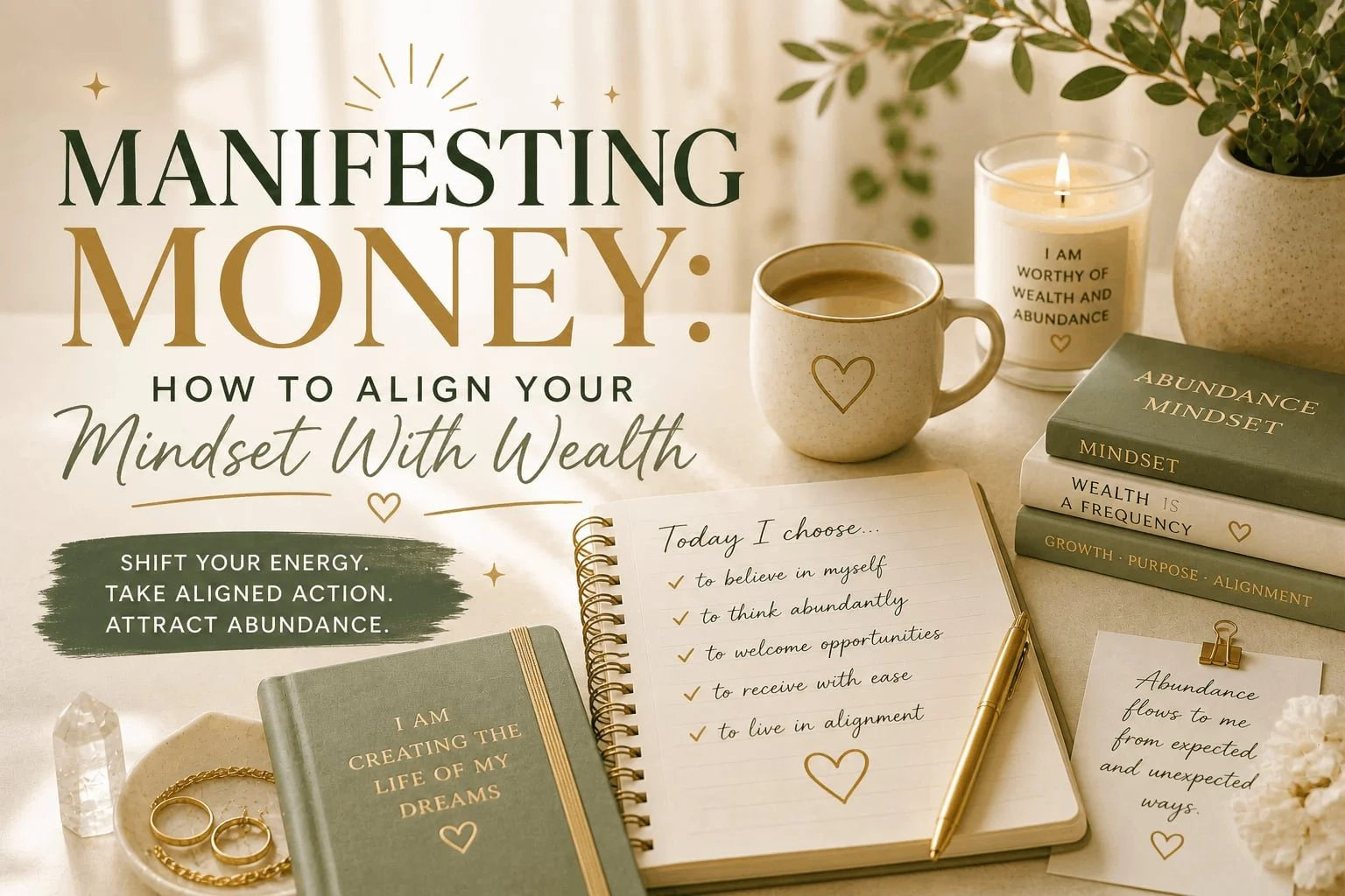 Manifesting money blog cover featuring journaling, candles, affirmations, and calming neutral decor focused on abundance mindset, wealth manifestation, and aligned action.