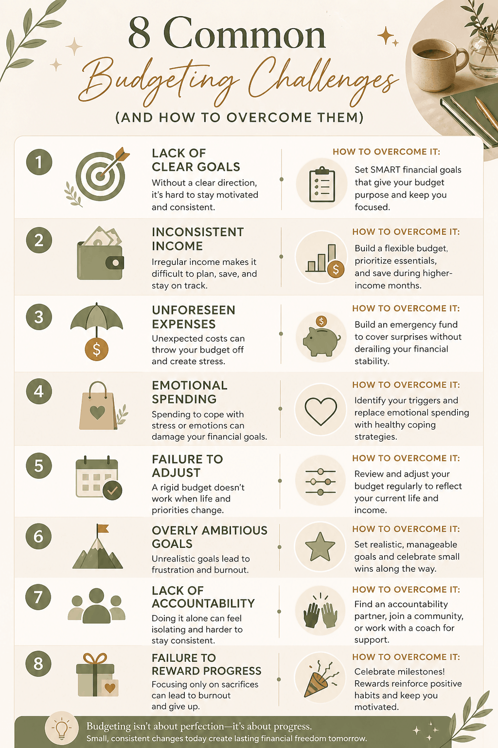 Infographic explaining common budgeting challenges and budgeting mistakes including emotional spending, inconsistent income, unrealistic goals, and financial planning solutions.