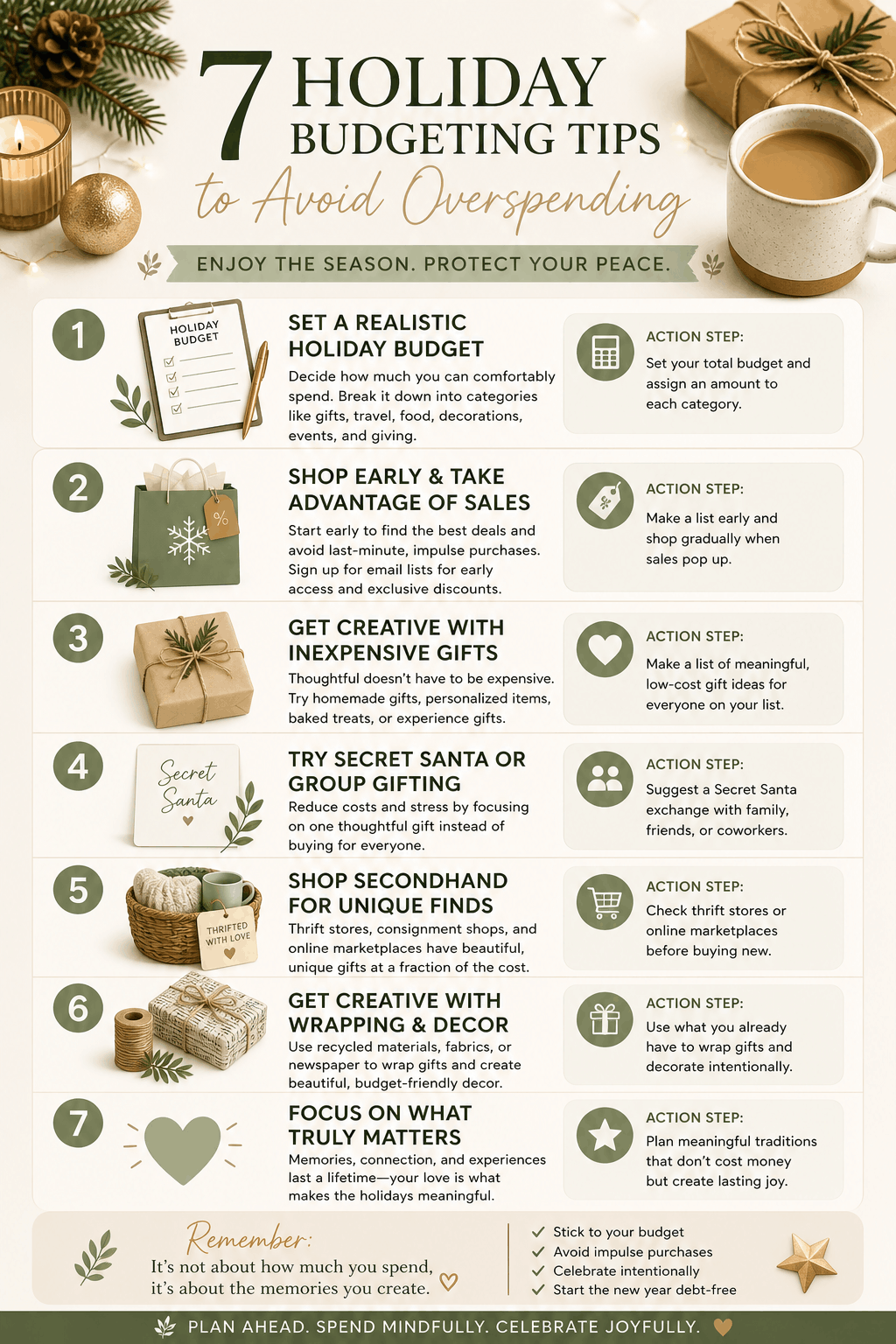 Infographic explaining holiday budgeting tips including setting a holiday budget, shopping early, inexpensive gift ideas, Secret Santa, and ways to save money during holidays.