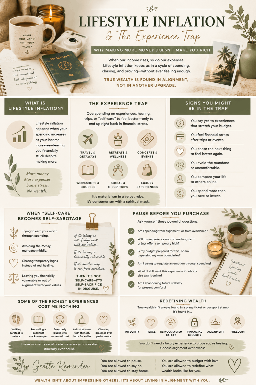 Wellness-inspired infographic explaining lifestyle inflation, emotional spending, and the experience trap while encouraging intentional financial wellness and aligned spending habits.