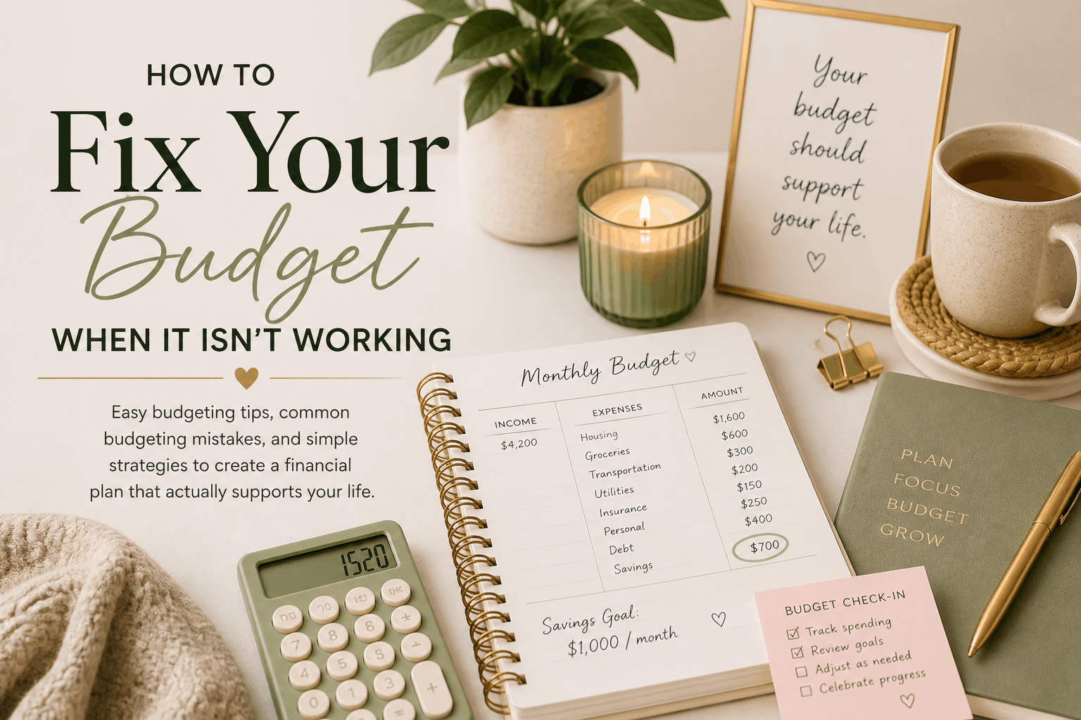 Cozy neutral-toned budgeting workspace with planner, calculator, candle, tea, and budgeting notebook representing how to fix your budget and easy budgeting tips.