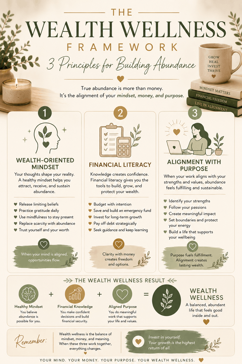 Infographic explaining the Wealth Wellness Framework through three principles: wealth-oriented mindset, financial literacy, and alignment with purpose in a calming neutral-toned design.