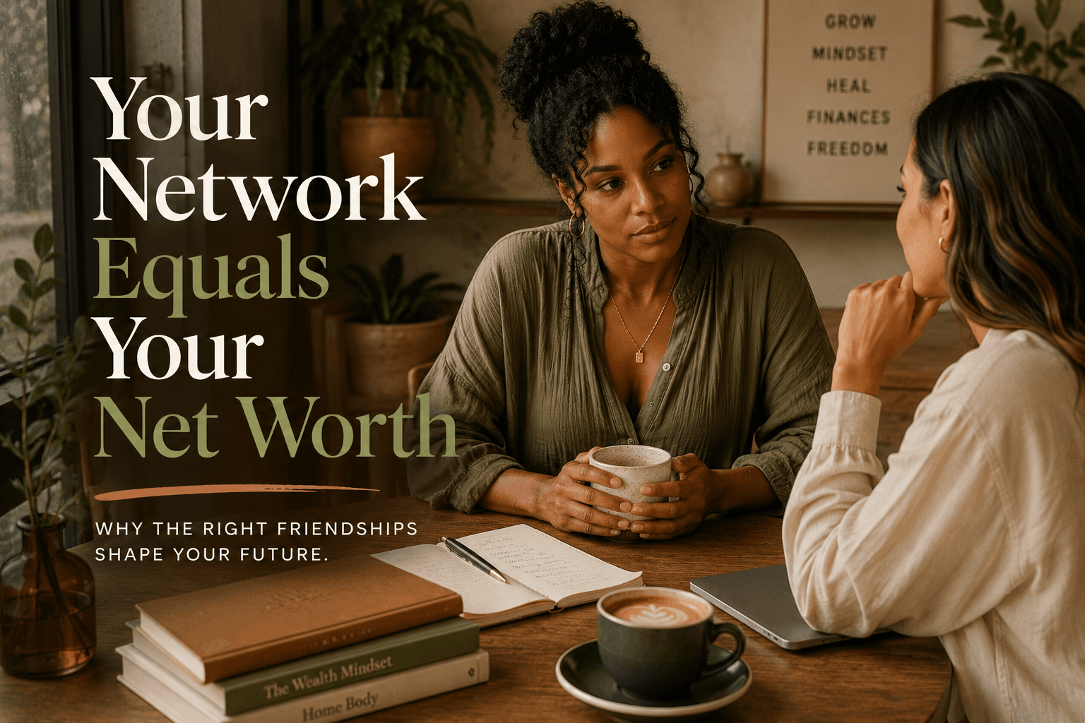 Two women having a thoughtful conversation in a cozy earthy-toned café representing friendship, mindset, and the idea that your network equals your net worth.