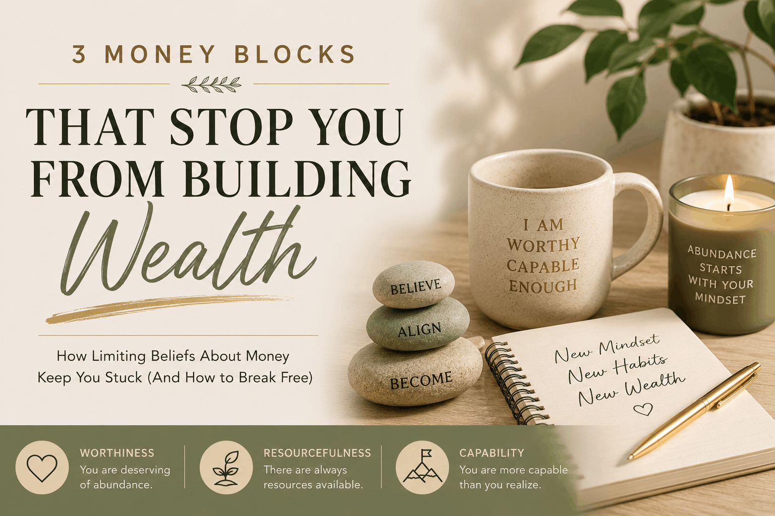 Neutral-toned blog cover featuring affirmations, journal, candle, and calming workspace aesthetic representing money blocks, limiting beliefs about money, abundance mindset, and financial healing.
