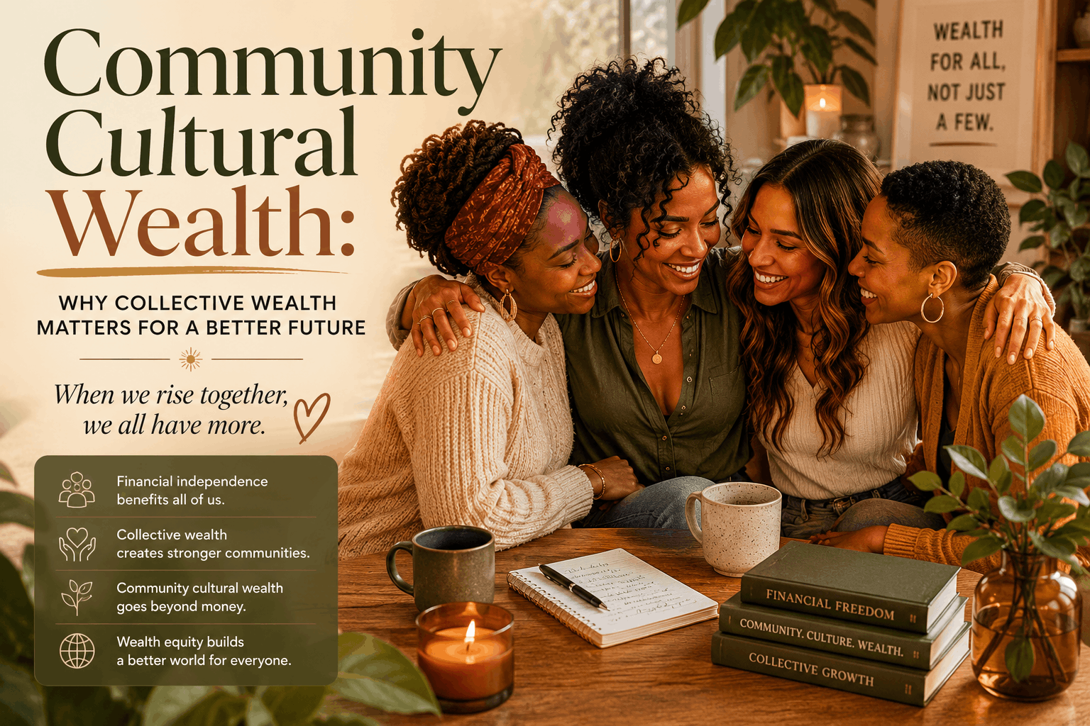 Diverse group of women gathered together in a cozy earthy-toned space discussing community, financial wellbeing, and collective wealth.